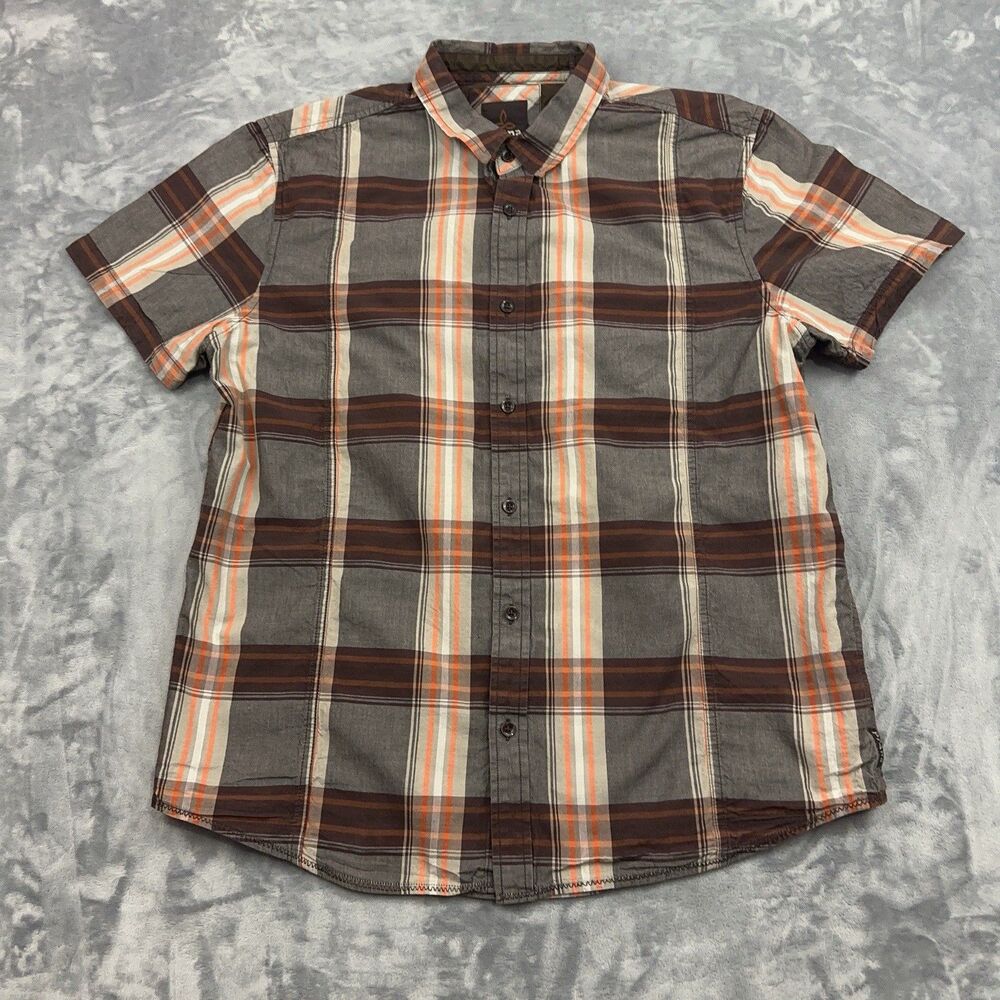 prAna Broderick Shirt  Mens Size Large Brown Plaid Short Sleeve Button Up